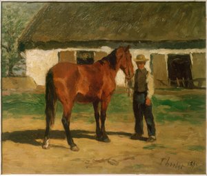 Cheval brun devant une maison blanche - Thomas Ludwig Herbst